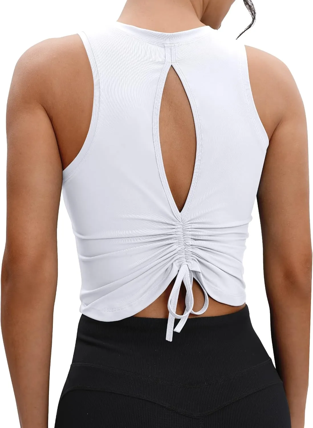 VOOVEEYA Ruched Workout Tops for Women Open Back - Going Out Crop Tops Backless Yoga Tops Tie Back