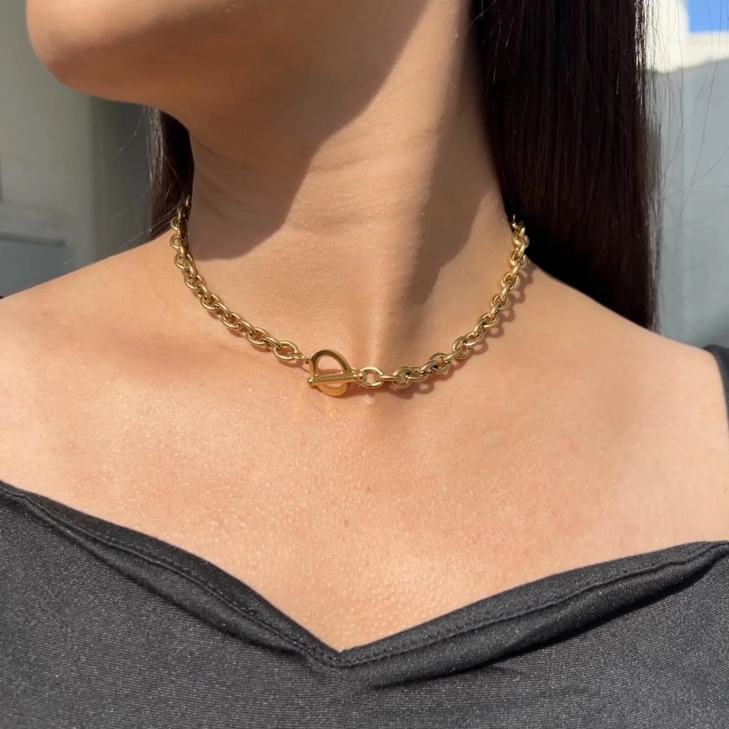 WangGao Stainless Steel Toggle Clasp Chunky Chain Necklace for Women Man,Statement Link T-Bar Clase Choker Necklaces