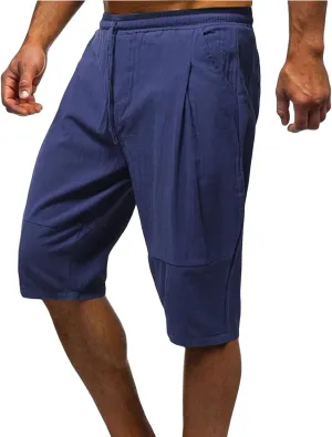 Wankang Mens Cotton Linen Shorts Summer Casual Elastic Waist Drawstring Vacation Beach Shorts Slim Fit Hawaii Shorts for Men