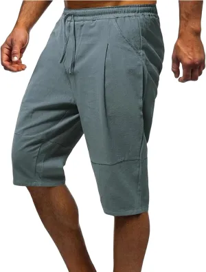 Wankang Mens Cotton Linen Shorts Summer Casual Elastic Waist Drawstring Vacation Beach Shorts Slim Fit Hawaii Shorts for Men