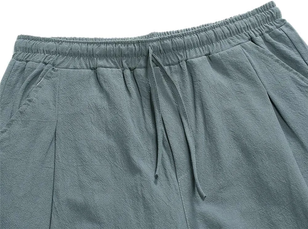 Wankang Mens Cotton Linen Shorts Summer Casual Elastic Waist Drawstring Vacation Beach Shorts Slim Fit Hawaii Shorts for Men