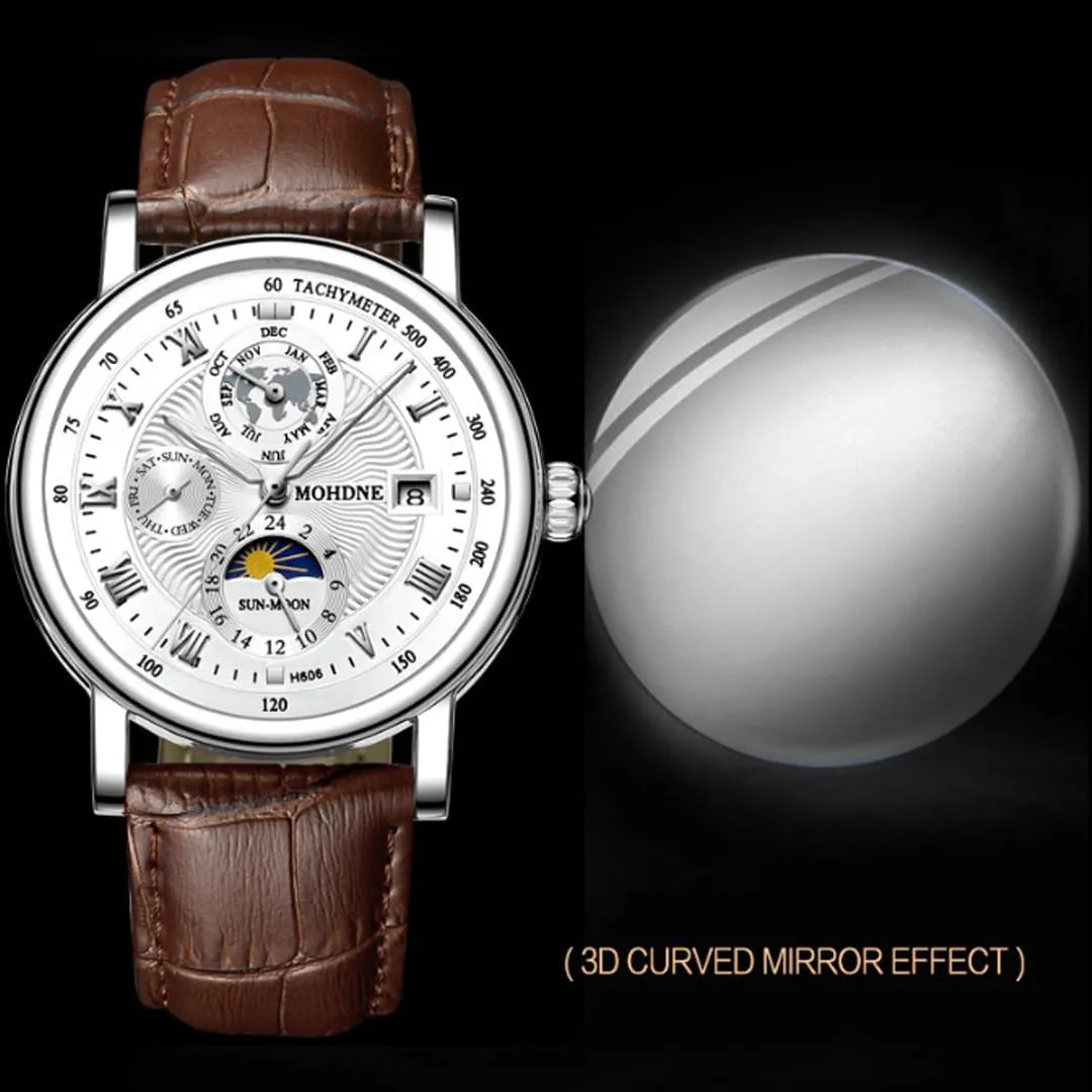 Watch Men's Mechanical Watch Fully Automatic Tourbillon Week Calendar Window Waterproof Watch Trendy Men's Multi Functional Moon Phase Display Star Earth Watch