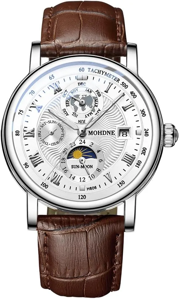 Watch Men's Mechanical Watch Fully Automatic Tourbillon Week Calendar Window Waterproof Watch Trendy Men's Multi Functional Moon Phase Display Star Earth Watch