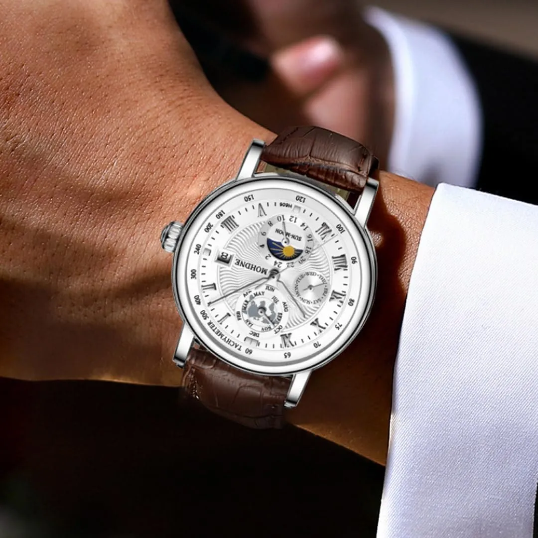 Watch Men's Mechanical Watch Fully Automatic Tourbillon Week Calendar Window Waterproof Watch Trendy Men's Multi Functional Moon Phase Display Star Earth Watch