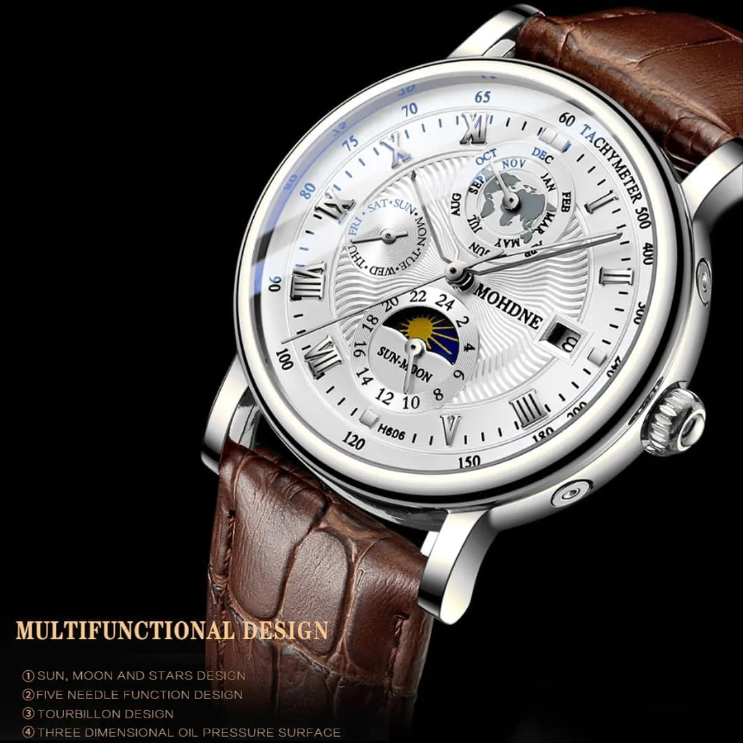 Watch Men's Mechanical Watch Fully Automatic Tourbillon Week Calendar Window Waterproof Watch Trendy Men's Multi Functional Moon Phase Display Star Earth Watch
