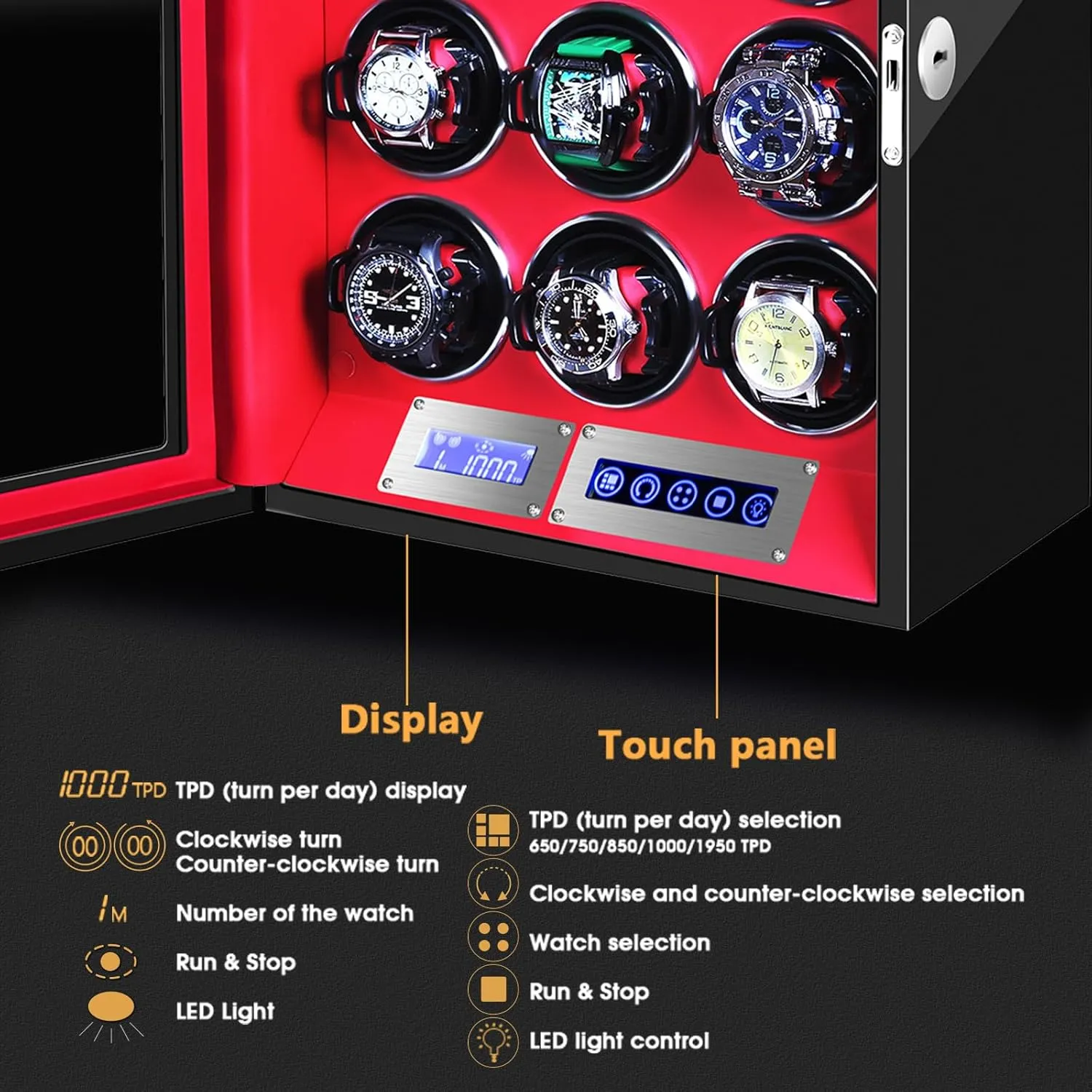 Watch Winder for 6/9/12 Slots Automatic Watches,Ultra-Quiet Japanese Motors, Built-in LED Illumination and LCD Touchscreen Control