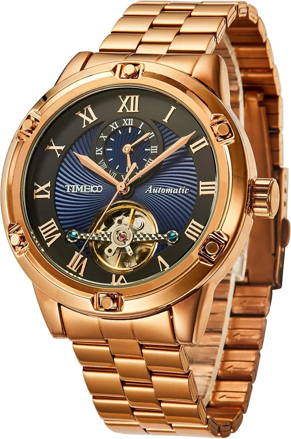 Watches for Men Men's Automatic Winding Watch Luxury Tourbillon Style Two Places Mechanical Stainless Steel Watch (Golden)