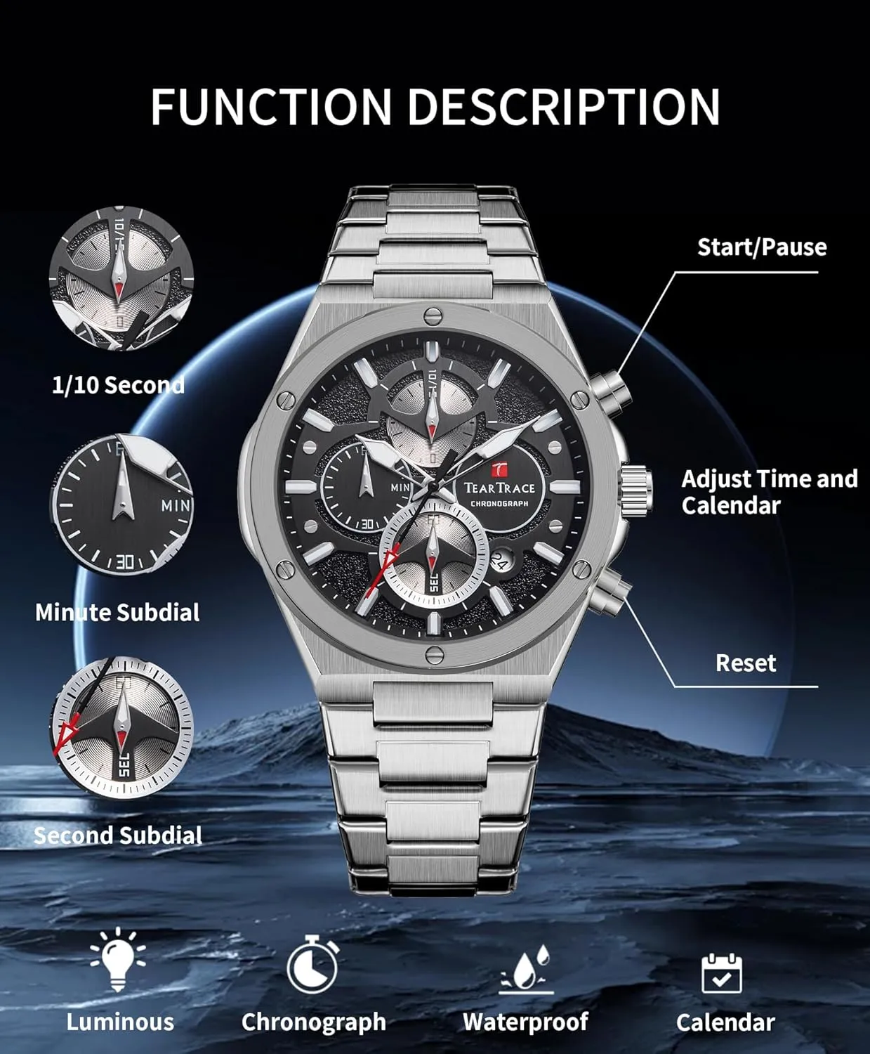 Watches for Men Quartz Analog Silver Mens Watches Luxury Waterproof Chronograph Luminous Dress Watch with Stainless Steel Starp for Business Casual Wear