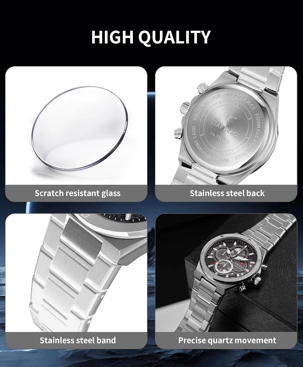 Watches for Men Quartz Analog Silver Mens Watches Luxury Waterproof Chronograph Luminous Dress Watch with Stainless Steel Starp for Business Casual Wear
