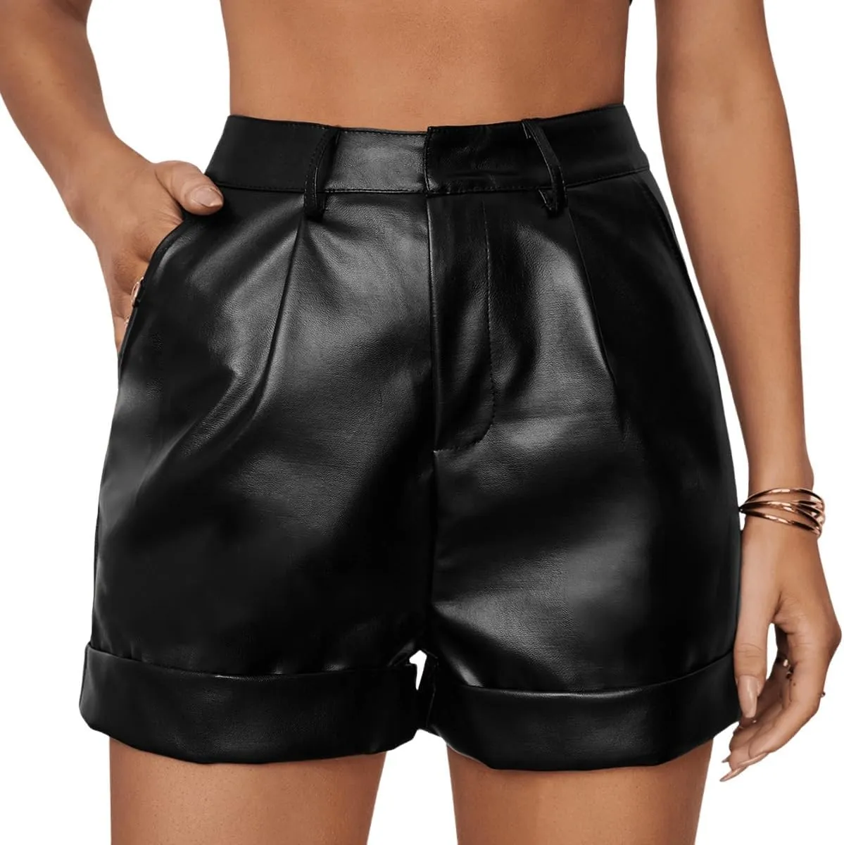 WDIRARA Women's High Waisted PU Leather Shorts Roll Hem Shorts with Pockets