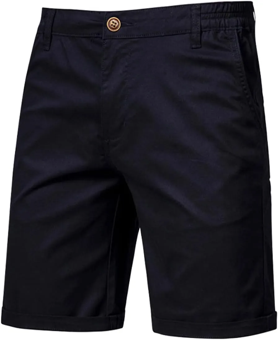 WENKOMG1 Cotton Shorts for Men Solid Chino Casual Knee Length Work Shorts Summer Slim Fit 10" Inseam Flat Front Shorts