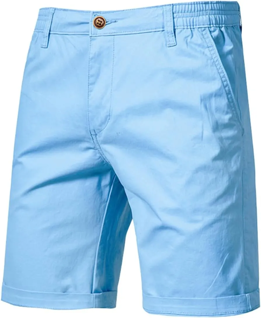 WENKOMG1 Cotton Shorts for Men Solid Chino Casual Knee Length Work Shorts Summer Slim Fit 10" Inseam Flat Front Shorts