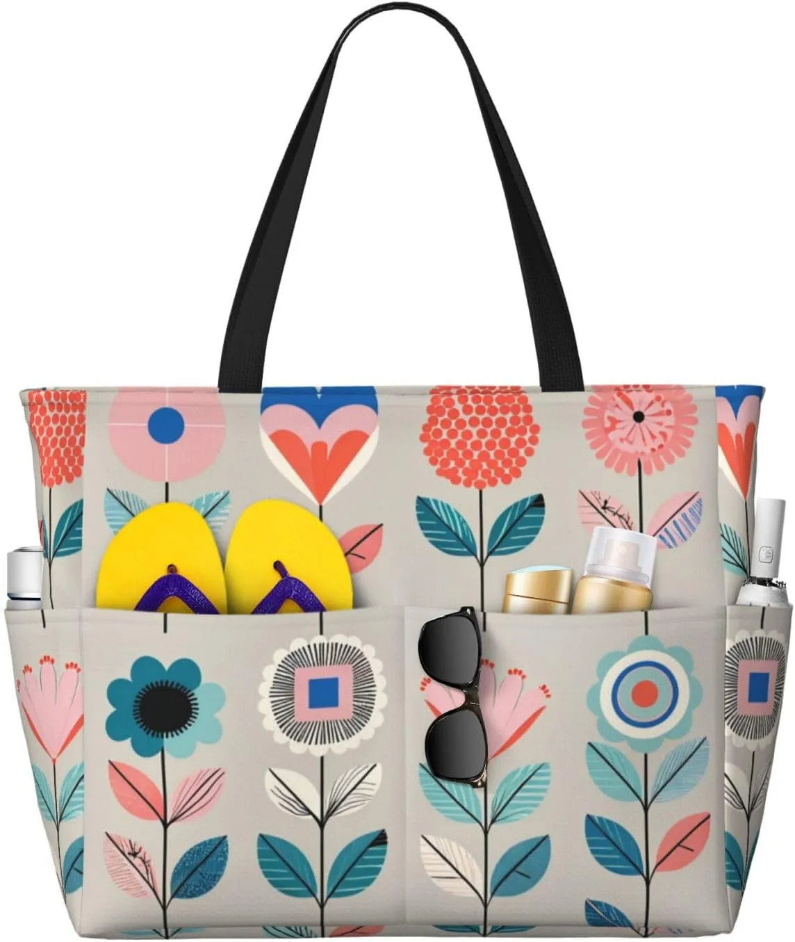 Whimsical Floral Print 28L Large Beach Tote Bag, 7 Pockets Waterproof Travel Shoulder Bag, Gym Oversized Tote