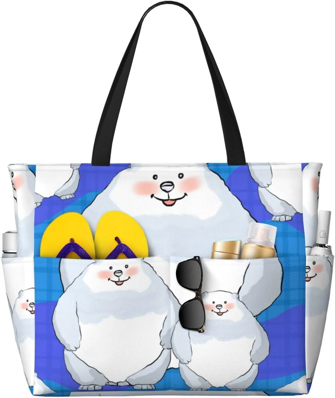 White Bear Family Print 28L Large Beach Tote Bag, 7 Pockets Waterproof Travel Shoulder Bag, Gym Oversized Tote