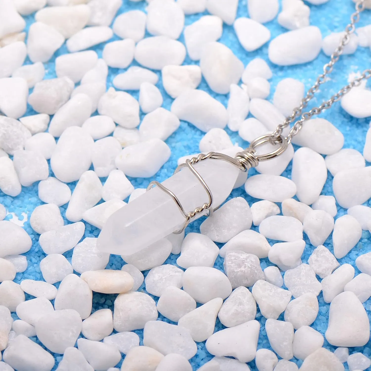 White Quartz Mineral Stone Point Wire Wrapped Healing Crystal Pendant Necklace