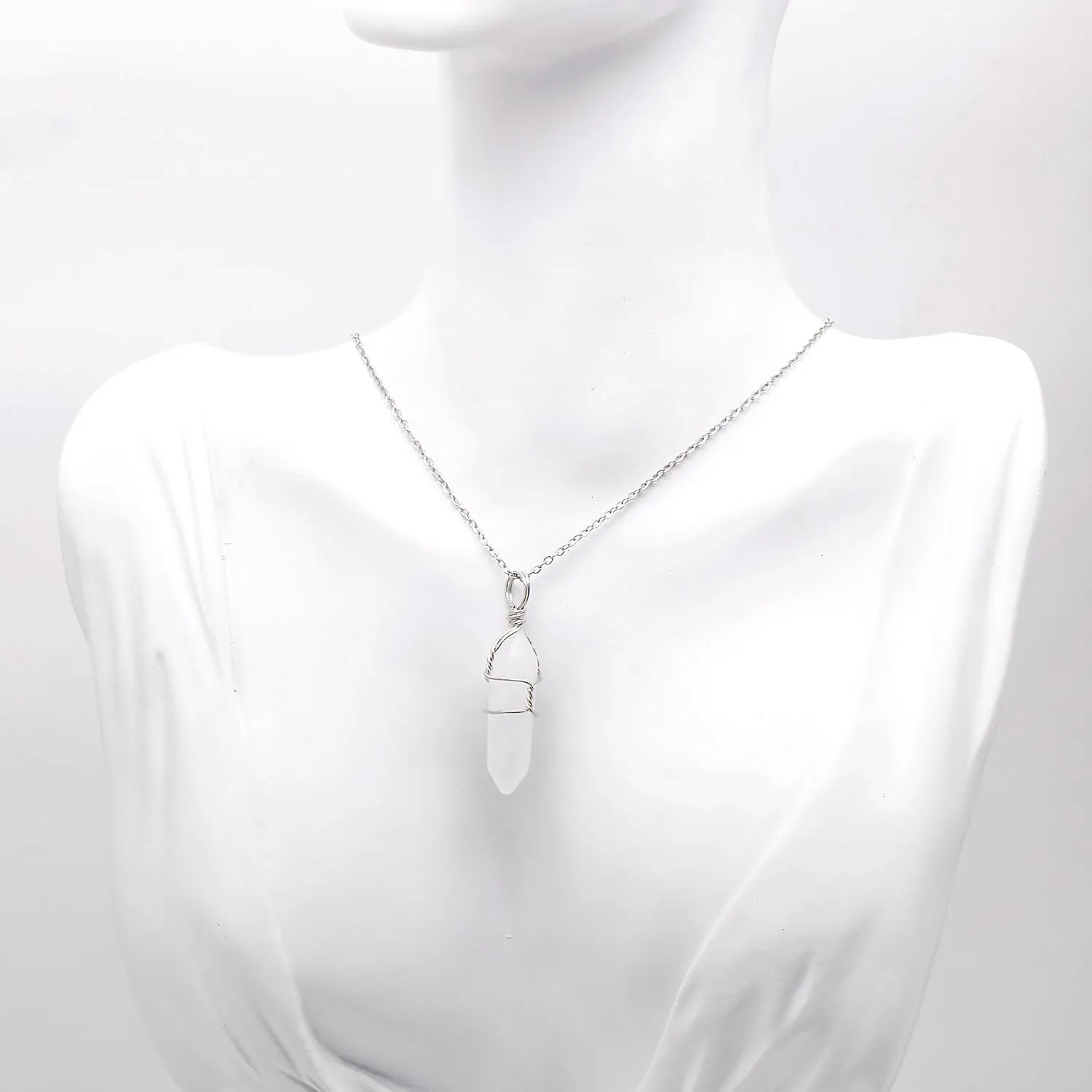 White Quartz Mineral Stone Point Wire Wrapped Healing Crystal Pendant Necklace
