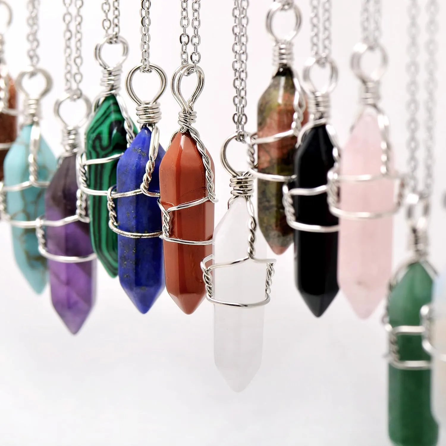 White Quartz Mineral Stone Point Wire Wrapped Healing Crystal Pendant Necklace