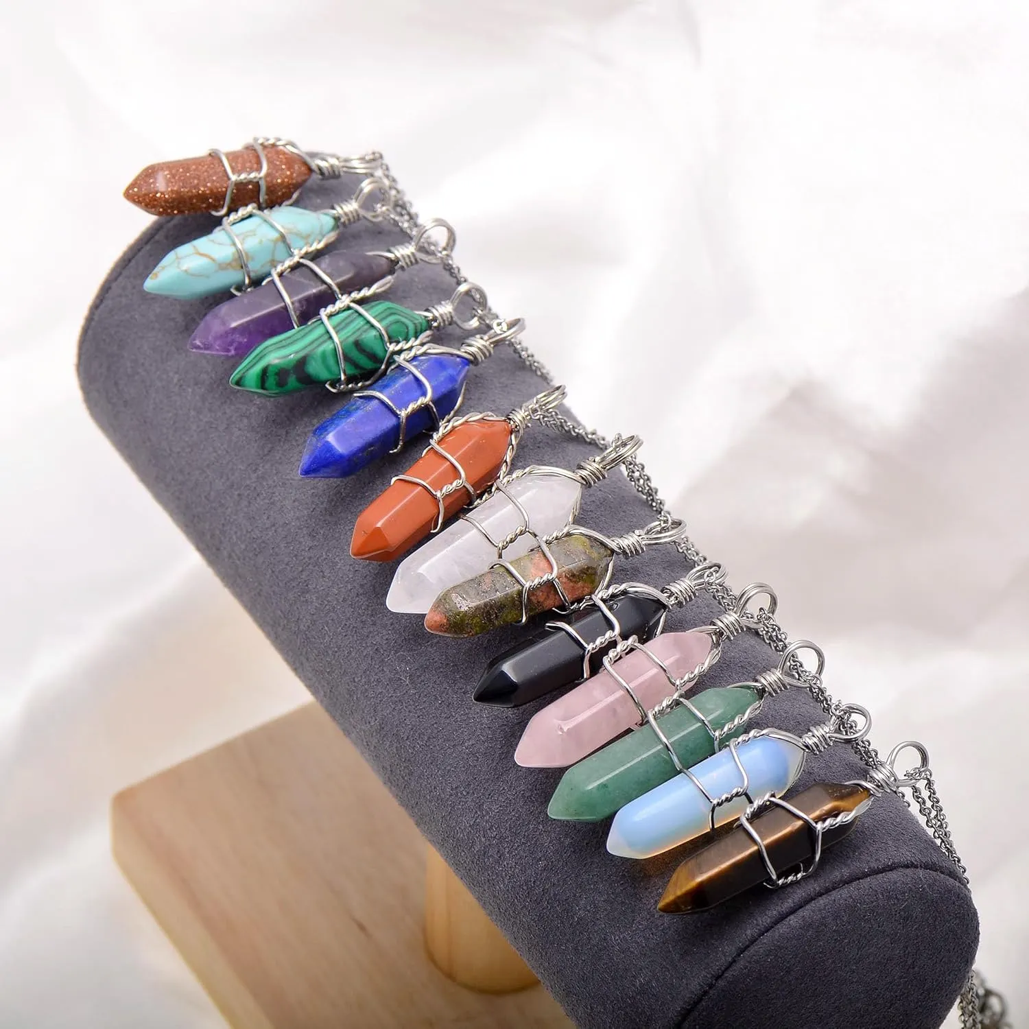 White Quartz Mineral Stone Point Wire Wrapped Healing Crystal Pendant Necklace