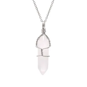 White Quartz Mineral Stone Point Wire Wrapped Healing Crystal Pendant Necklace