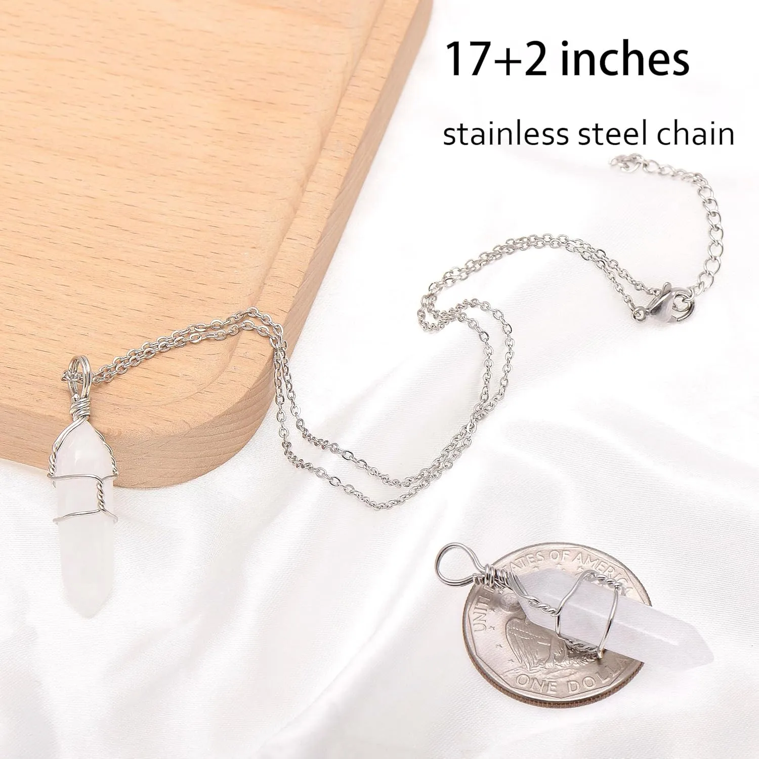 White Quartz Mineral Stone Point Wire Wrapped Healing Crystal Pendant Necklace