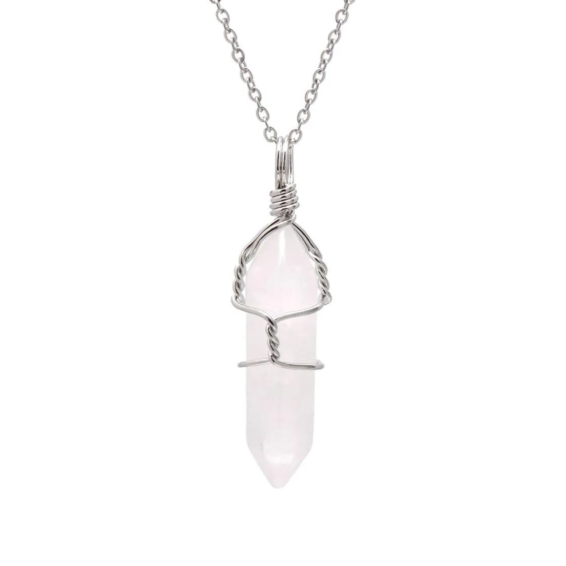 White Quartz Mineral Stone Point Wire Wrapped Healing Crystal Pendant Necklace