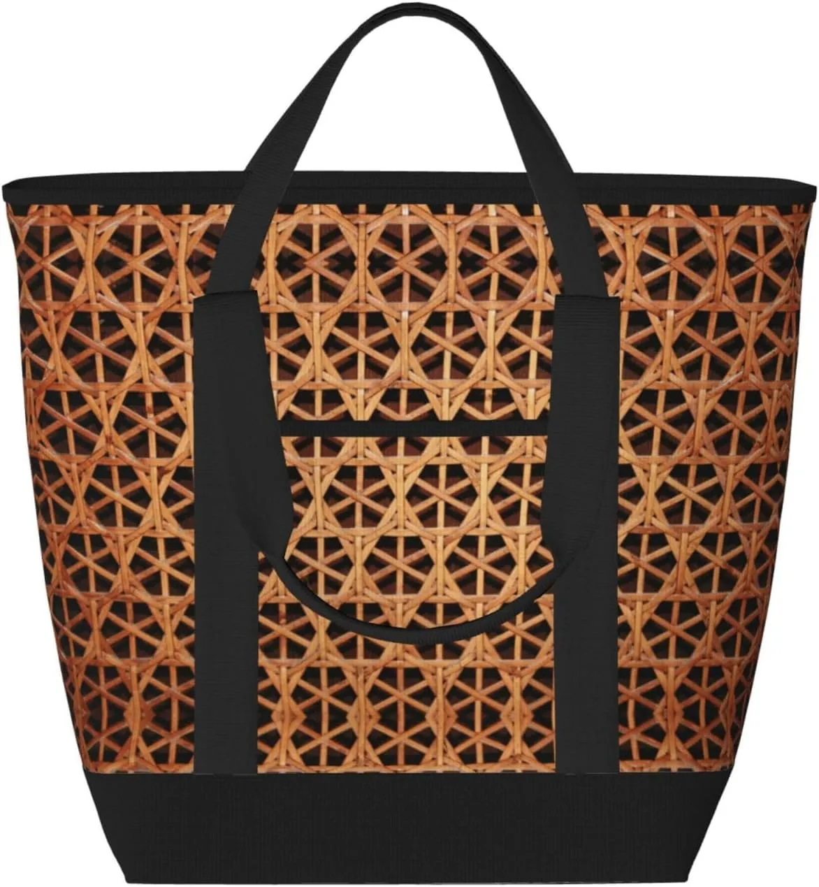 Wicker Woven Grid Print Tote Bag Adult Heavy Duty For Picnic Beach Camping Large Capacity Insulated Tote Bag