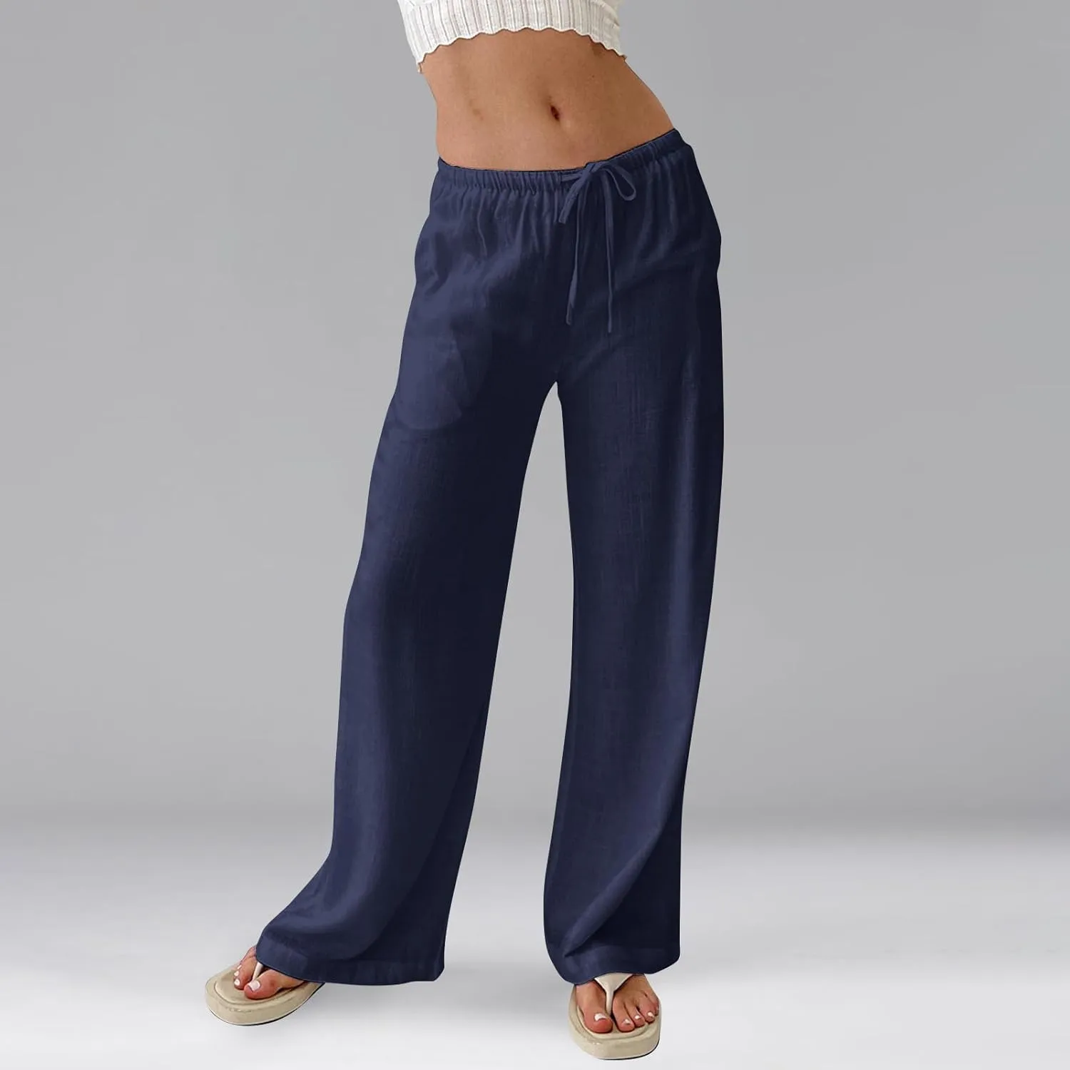 Wide Leg Linen Pants for Women Summer Loose Drawstring Elastic Low Rise Pants with Pockets Comfy Casual Outfits