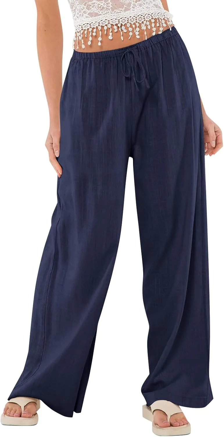 Wide Leg Linen Pants for Women Summer Loose Drawstring Elastic Low Rise Pants with Pockets Comfy Casual Outfits