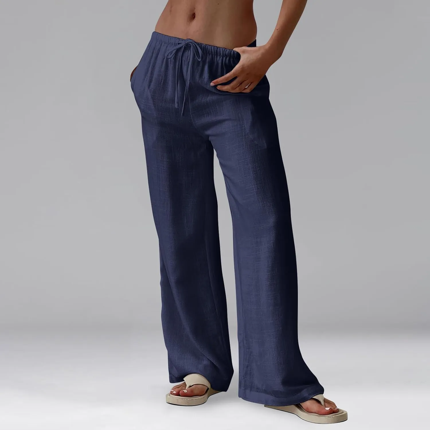 Wide Leg Linen Pants for Women Summer Loose Drawstring Elastic Low Rise Pants with Pockets Comfy Casual Outfits