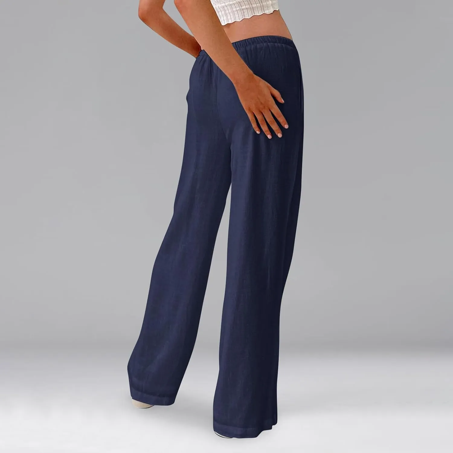 Wide Leg Linen Pants for Women Summer Loose Drawstring Elastic Low Rise Pants with Pockets Comfy Casual Outfits