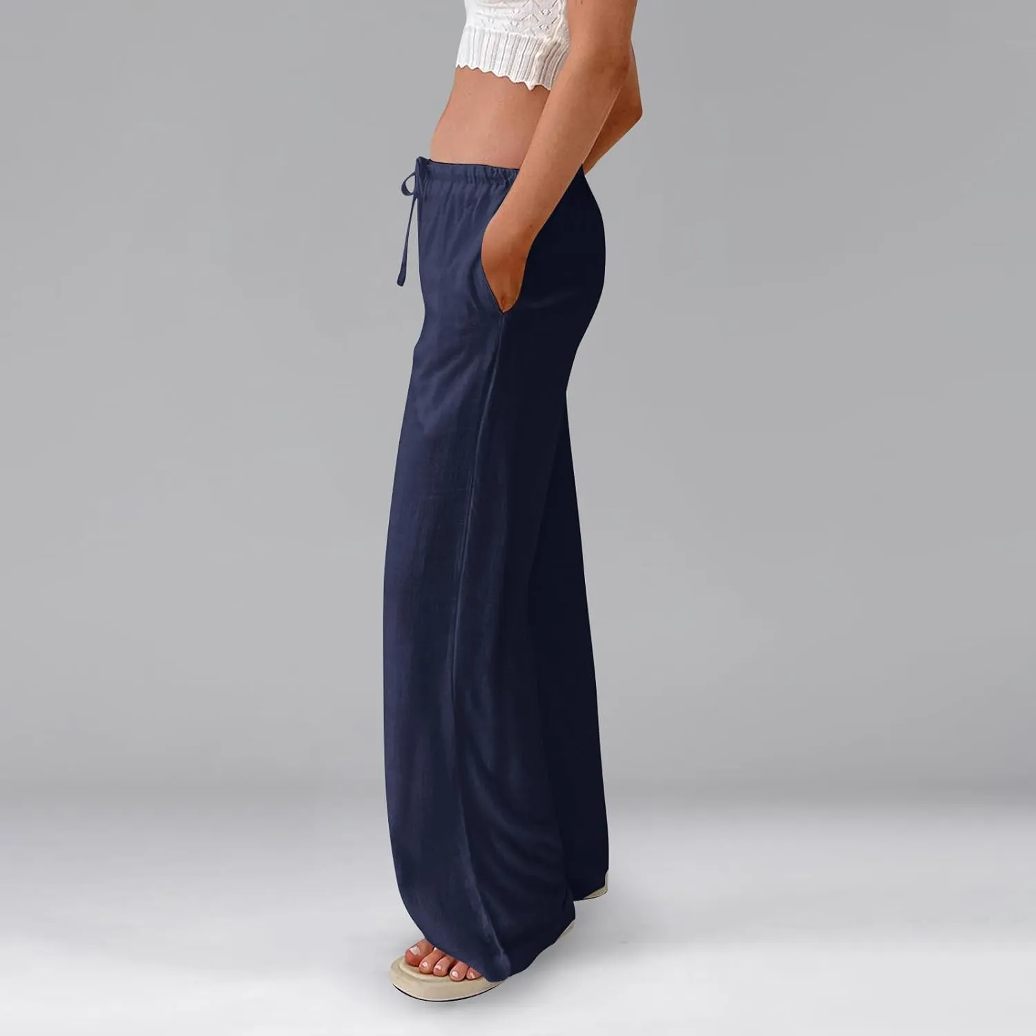 Wide Leg Linen Pants for Women Summer Loose Drawstring Elastic Low Rise Pants with Pockets Comfy Casual Outfits