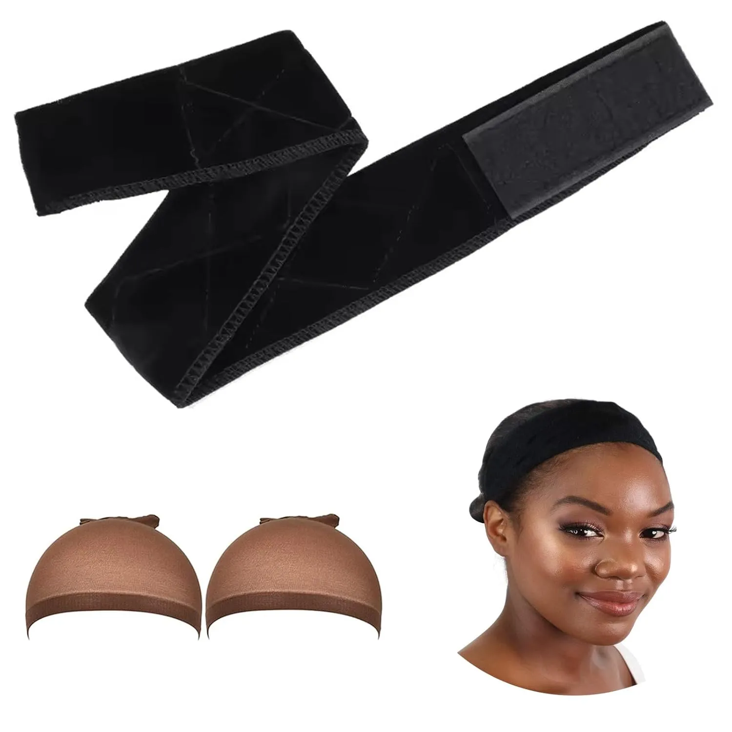 Wig Grip Elastic Scarf Headband, Adjustable Wig Grip Band with Mesh Caps, for Keeping Wigs in Place (Black, 21.6inch)