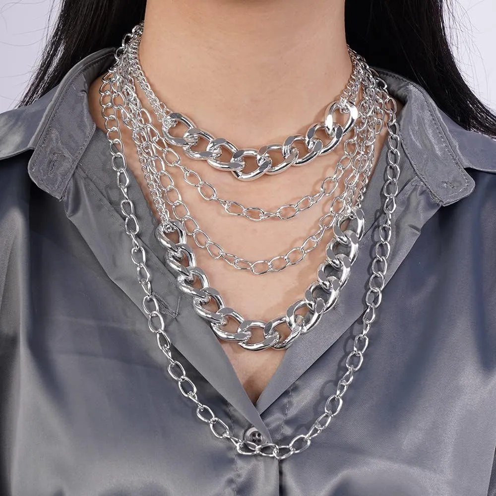 Wiwpar Layered Chunky Necklaces for women Punk Hip Hop Necklace Cuban Chain Statement Necklace Silver
