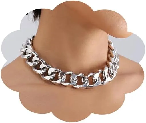 Wiwpar Punk Silver Cuban Link Chain Choker Necklace Chunky Cuban Link Chain Hip Hop Chain Jewelry Curb Cuban Wide Link Chain for Women