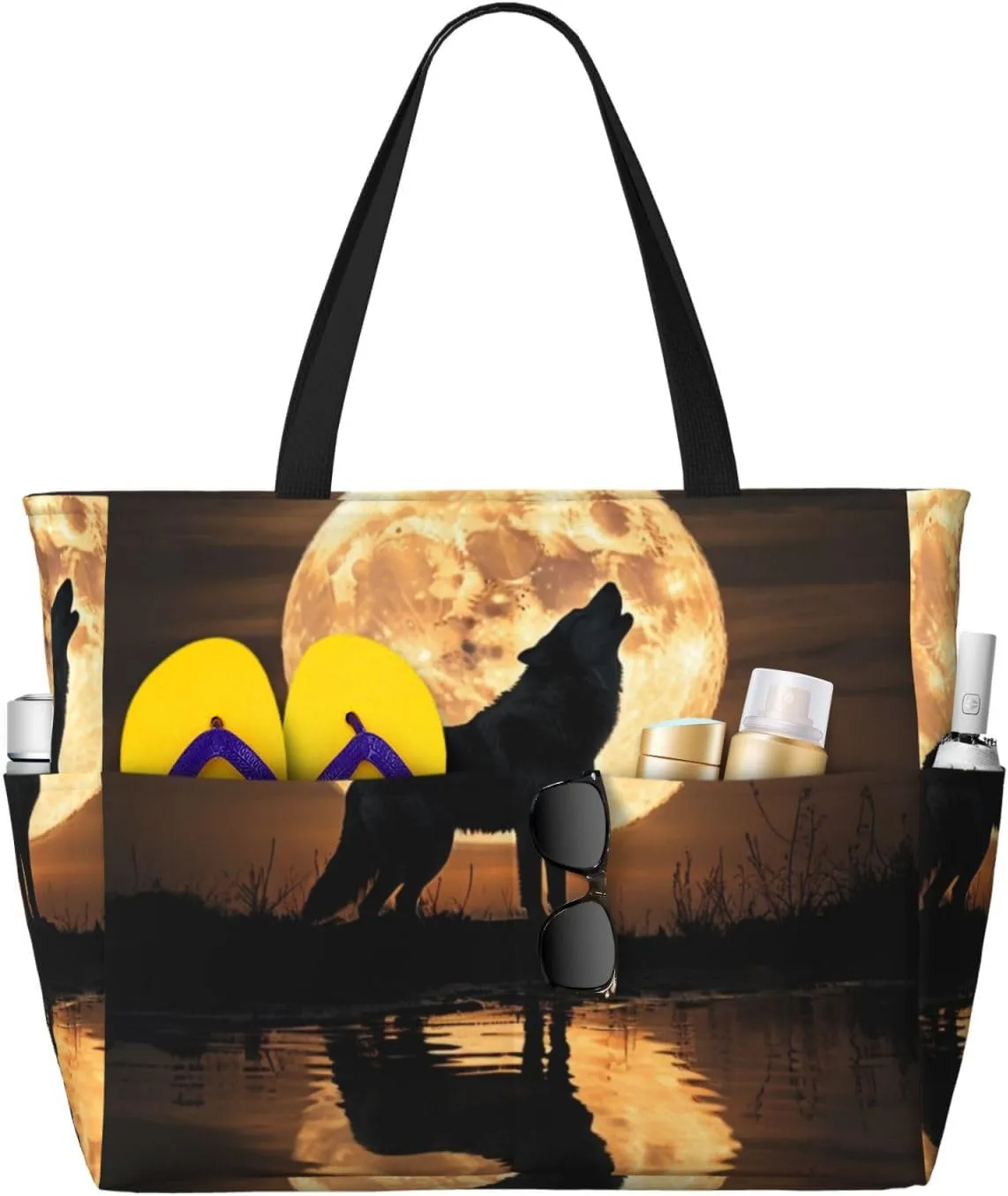Wolf Howling Under Moon Print 28L Large Beach Tote Bag, 7 Pockets Waterproof Travel Shoulder Bag, Gym Oversized Tote