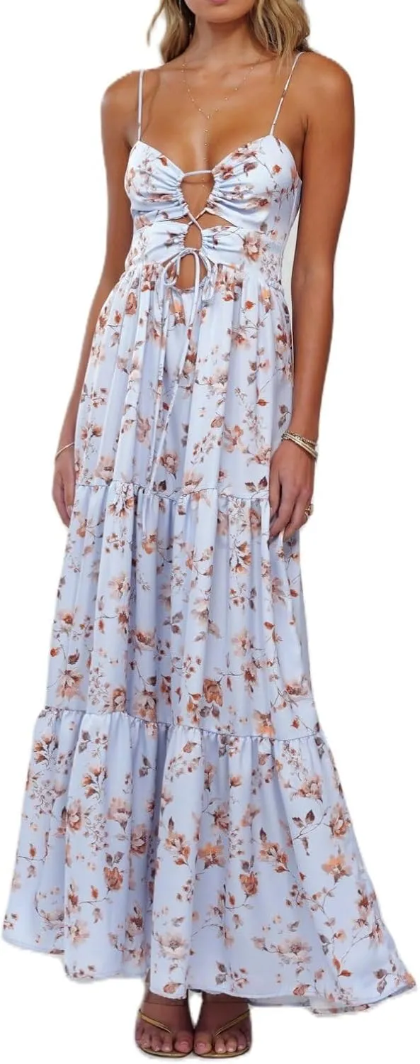 Women Boho Cami Maxi Dress Spaghetti Strap Smocked Long Dress Swing Tiered A-line Dresses Summer Beach Sundress