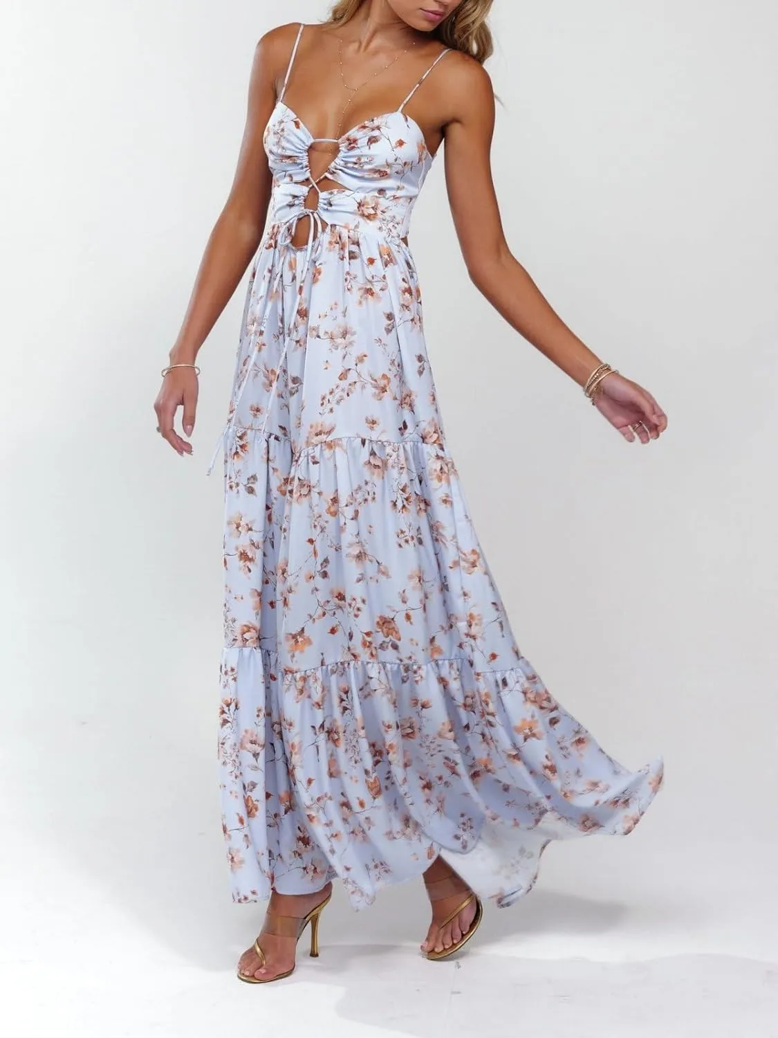 Women Boho Cami Maxi Dress Spaghetti Strap Smocked Long Dress Swing Tiered A-line Dresses Summer Beach Sundress