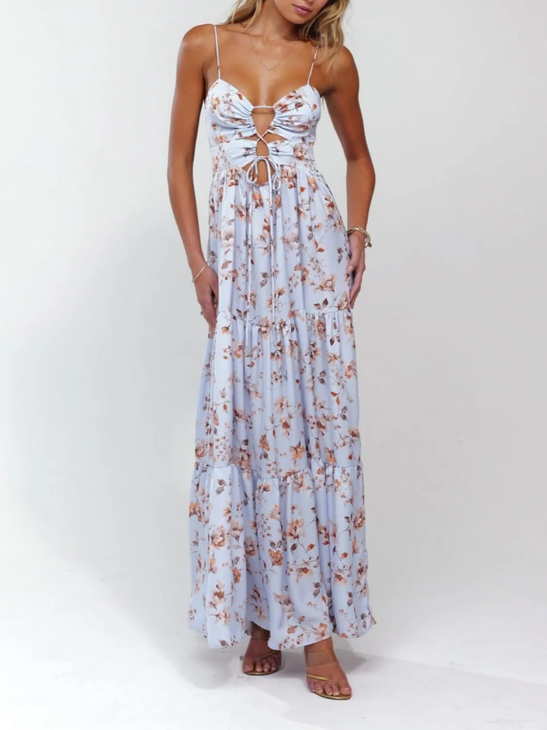Women Boho Cami Maxi Dress Spaghetti Strap Smocked Long Dress Swing Tiered A-line Dresses Summer Beach Sundress