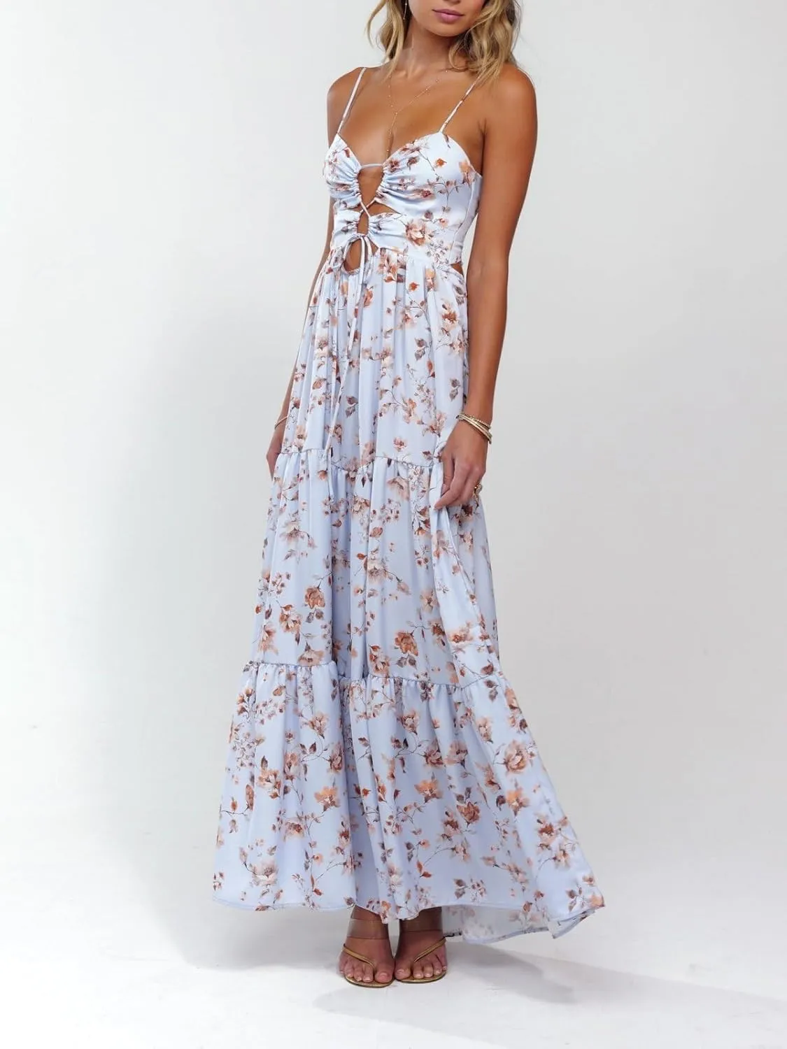 Women Boho Cami Maxi Dress Spaghetti Strap Smocked Long Dress Swing Tiered A-line Dresses Summer Beach Sundress