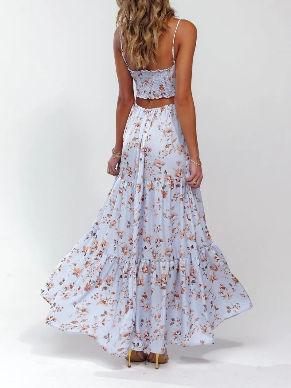 Women Boho Cami Maxi Dress Spaghetti Strap Smocked Long Dress Swing Tiered A-line Dresses Summer Beach Sundress