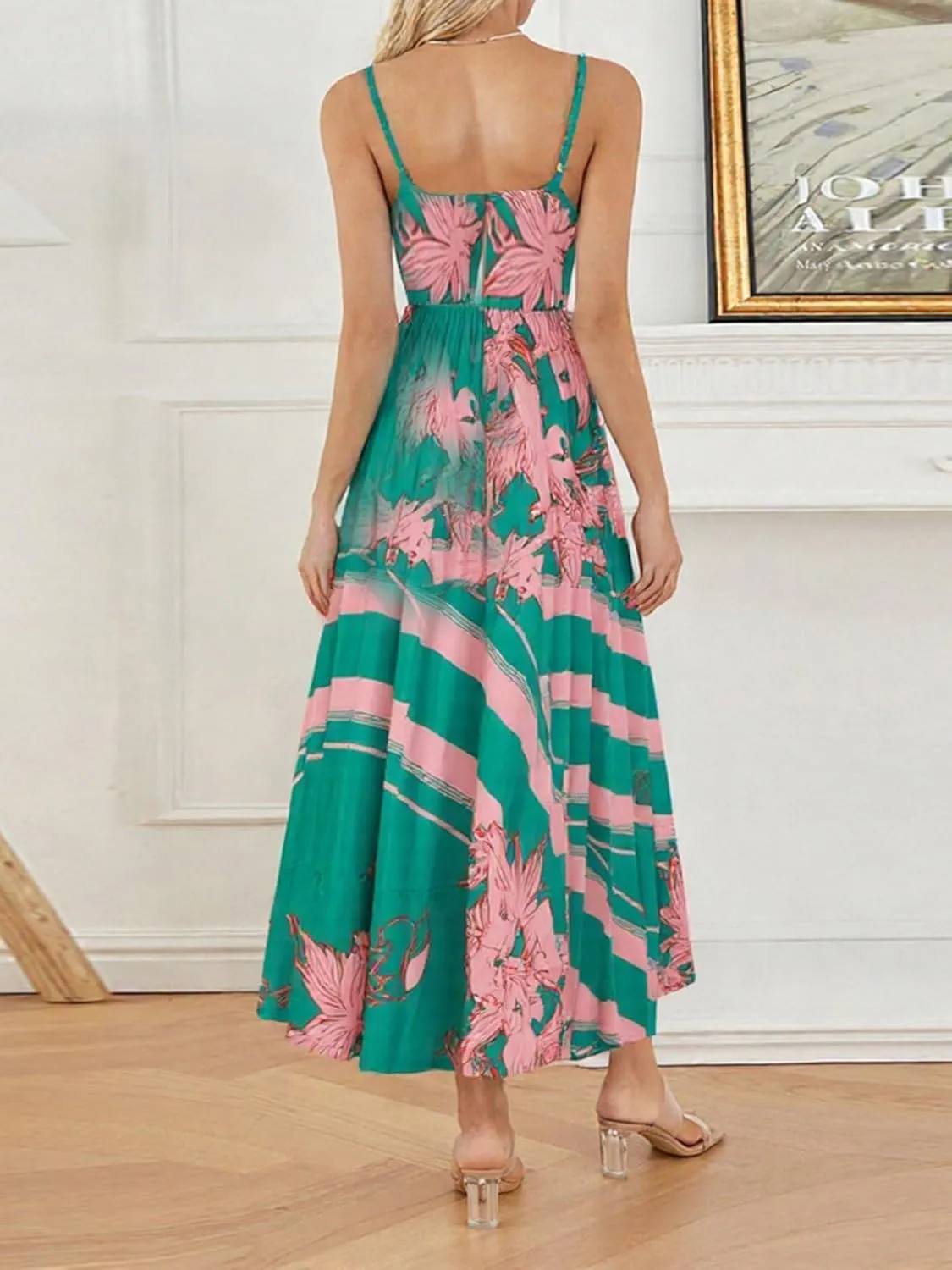 Women Boho Maxi Cami Dress Spaghetti Strap Backless Long Dress Floral Graphic A-line Sundress Summer Beach Dresses