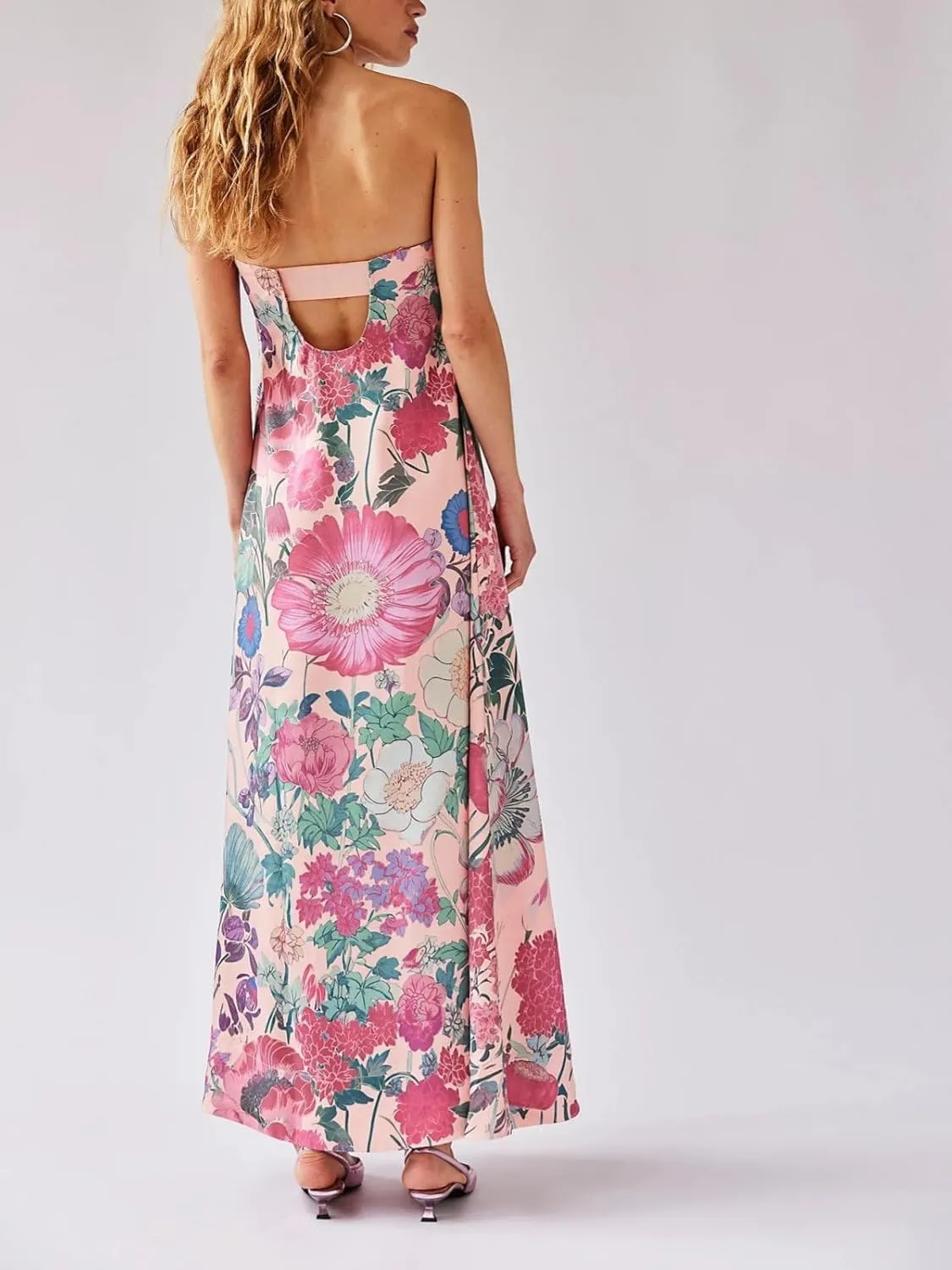 Women Boho Maxi Cami Dress Spaghetti Strap Backless Long Dress Floral Graphic A-line Sundress Summer Beach Dresses