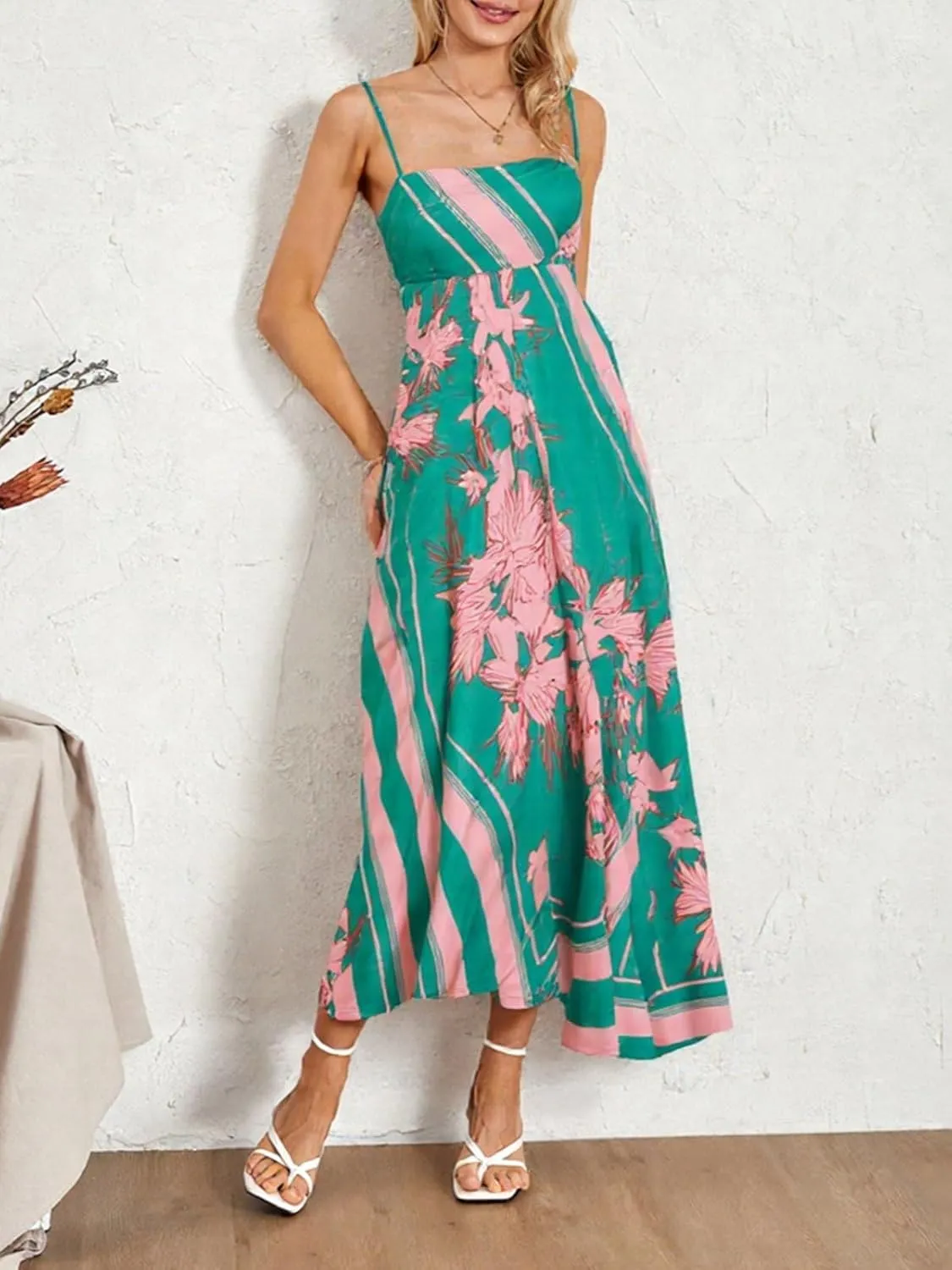 Women Boho Maxi Cami Dress Spaghetti Strap Backless Long Dress Floral Graphic A-line Sundress Summer Beach Dresses