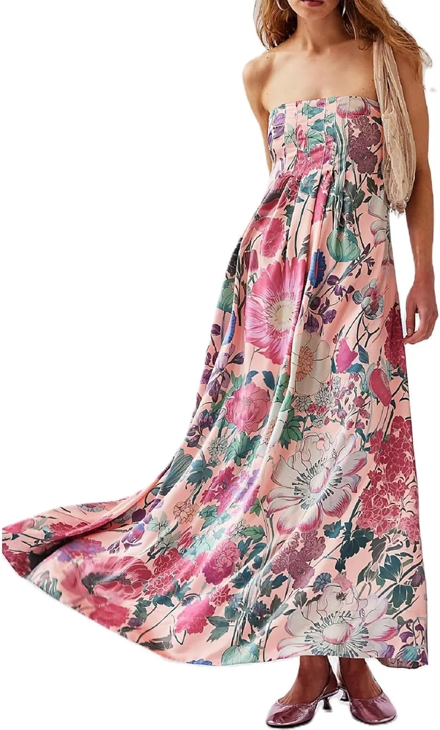 Women Boho Maxi Cami Dress Spaghetti Strap Backless Long Dress Floral Graphic A-line Sundress Summer Beach Dresses