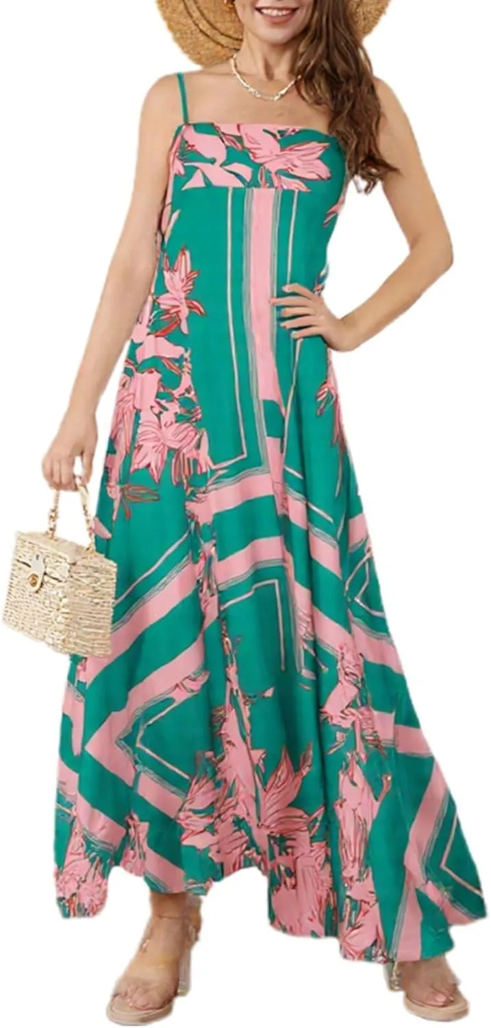 Women Boho Maxi Cami Dress Spaghetti Strap Backless Long Dress Floral Graphic A-line Sundress Summer Beach Dresses