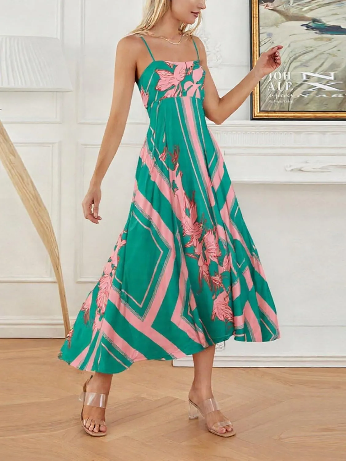 Women Boho Maxi Cami Dress Spaghetti Strap Backless Long Dress Floral Graphic A-line Sundress Summer Beach Dresses