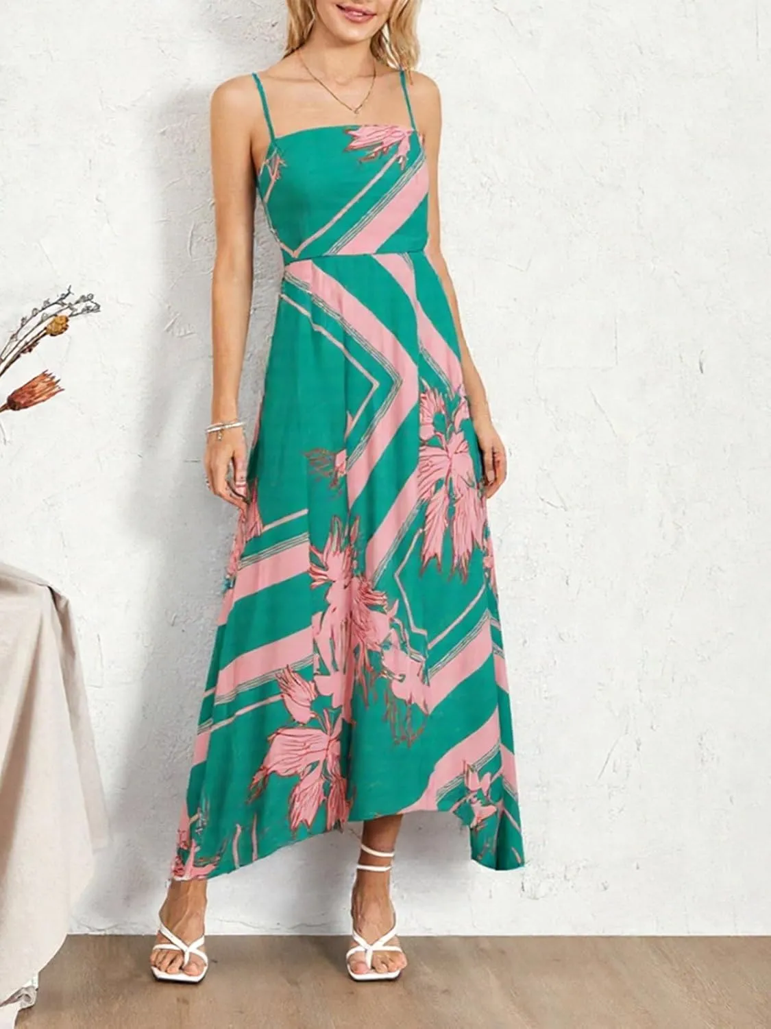 Women Boho Maxi Cami Dress Spaghetti Strap Backless Long Dress Floral Graphic A-line Sundress Summer Beach Dresses