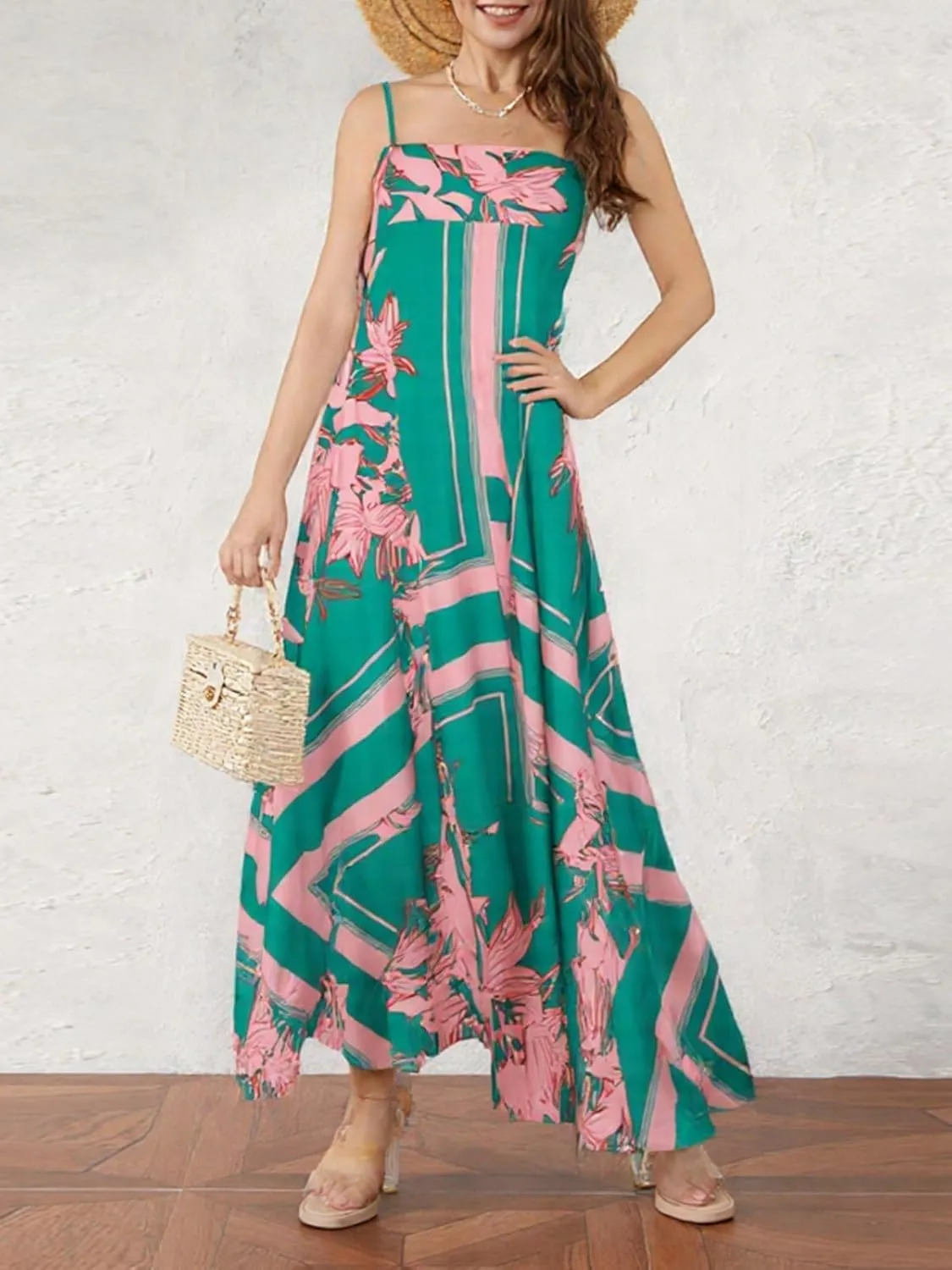 Women Boho Maxi Cami Dress Spaghetti Strap Backless Long Dress Floral Graphic A-line Sundress Summer Beach Dresses
