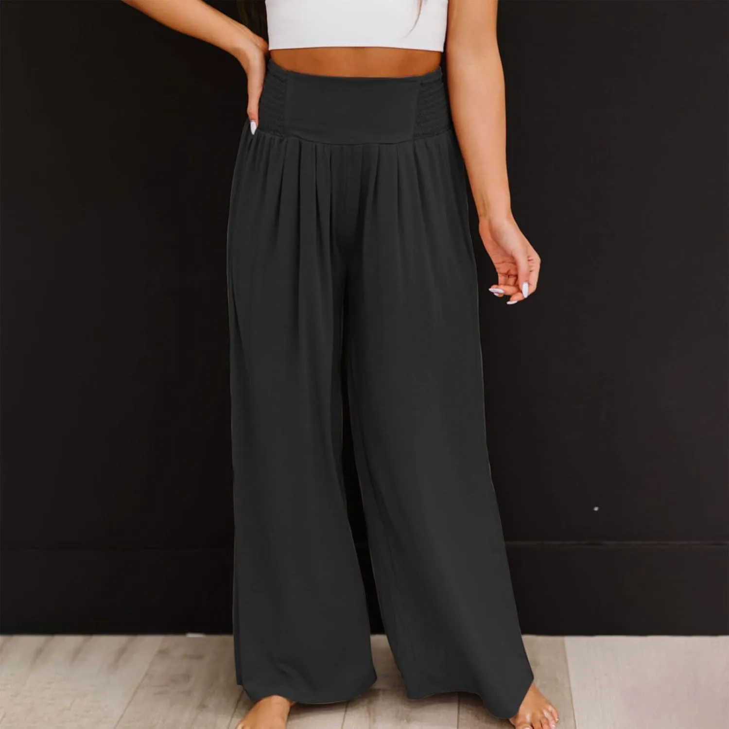 Women Casual High Waisted Cotton Linen Pants Loose Elastic Waist Beach Palazzo Pants Vacation Trouser with Pocket