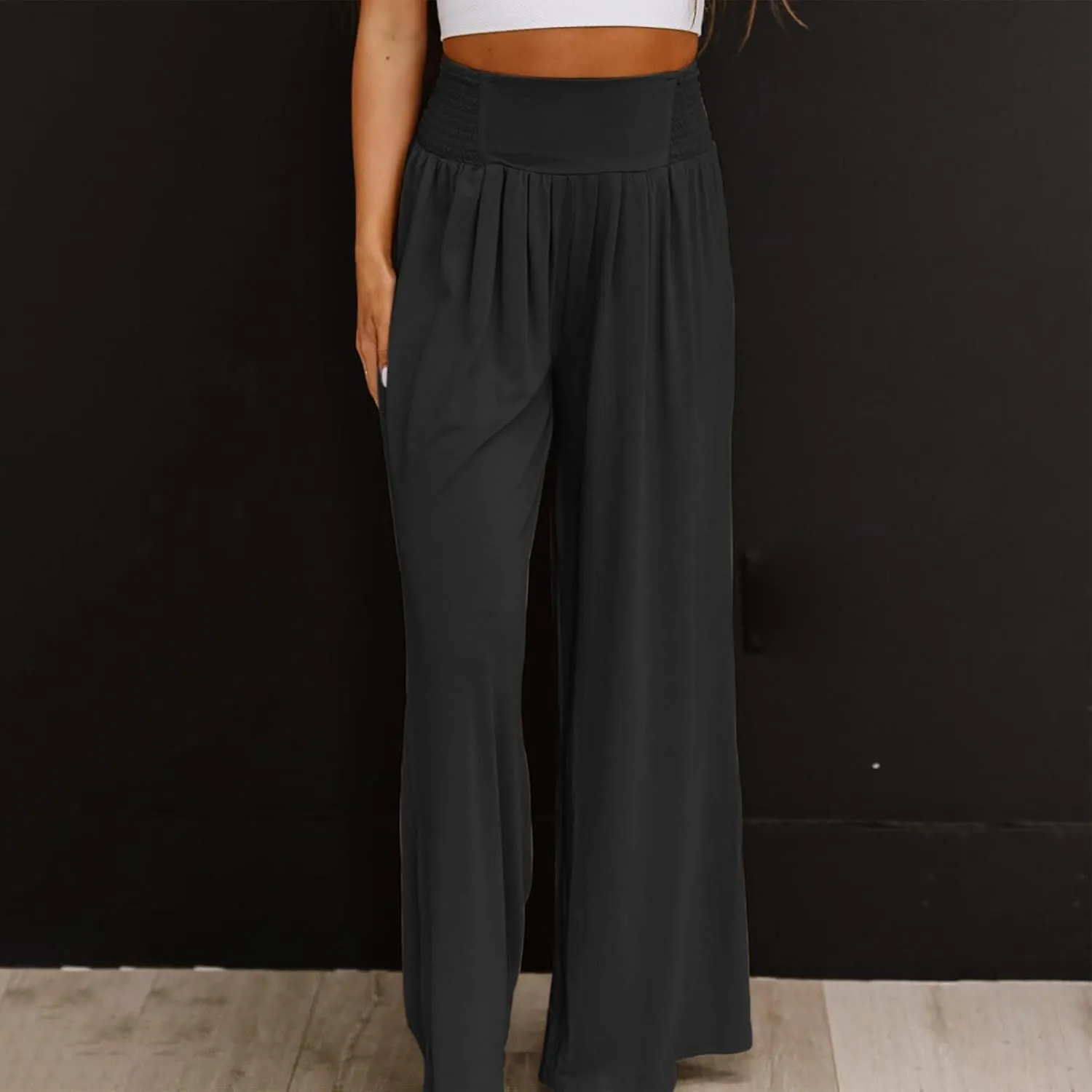 Women Casual High Waisted Cotton Linen Pants Loose Elastic Waist Beach Palazzo Pants Vacation Trouser with Pocket